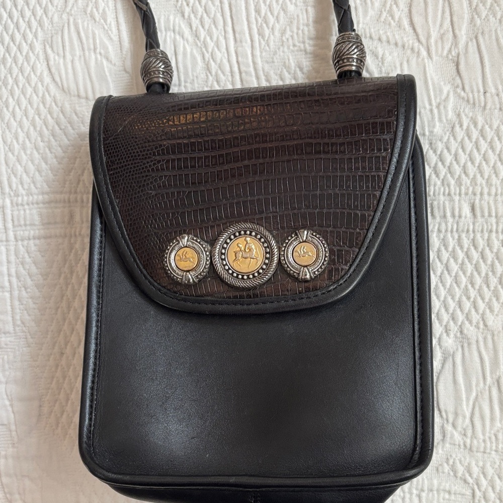 Brighton Black Leather Crossbody Bag with Metal Medallions in gold and silver